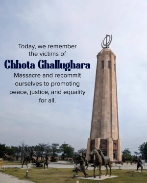 Memorial tower at Chhota Ghallughara site with statues in foreground