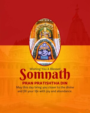 Image depicting the Somnath Temple with a festive greeting for Pran Prathishta Din.