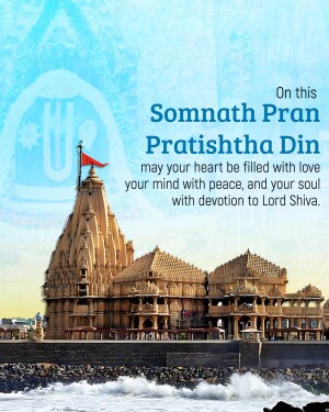 Image of Somnath Temple with a celebratory message for Prathishta Din