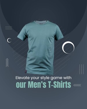 A teal colored men's t-shirt displayed on a dark blue background with abstract geometric shapes.