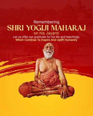 Portrait of Shri Yogiji Maharaj with a red background and text commemorating his Jayanti.