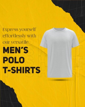 Image of a white men's polo t-shirt on a yellow and black background with text promoting the product.