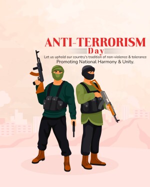 Illustration depicting figures with weapons and a message promoting anti-terrorism and national harmony.
