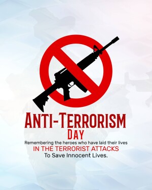 Anti-Terrorism Day poster with a crossed-out rifle and text.