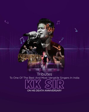 Poster commemorating KK Sir on his death anniversary, featuring images of the singer and musical notes.