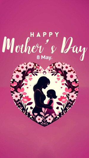Mother's Day greeting with a floral heart and silhouette of a mother and child.