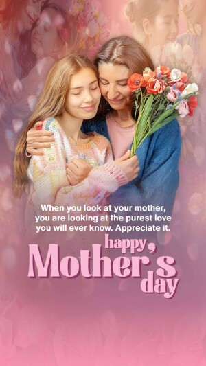 A mother and daughter embracing with flowers, with text 'Happy Mother's Day'