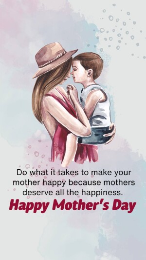 Watercolor painting of a mother and son embracing, with text wishing a Happy Mother's Day.