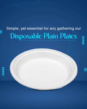 White disposable plate on a blue gradient background with text.