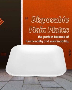 White disposable plain plate on an orange and black background with text promoting functionality and sustainability.