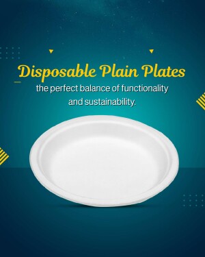 White disposable plain plate on a blue background with text promoting functionality and sustainability.
