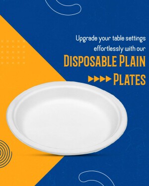 White disposable plain plate on a blue and orange background with text promoting easy table setting upgrades.