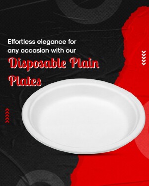 White disposable plate on a black and red background with text promoting elegance for any occasion.