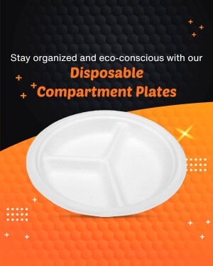 White three-compartment disposable plate on an orange and black background.