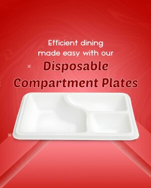 White disposable compartment plate on a red background with text promoting efficient dining.