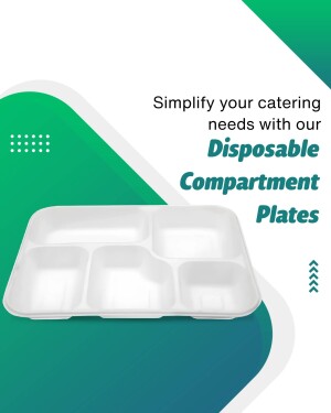 White disposable compartment plate with five sections on a green and blue background.