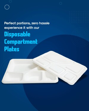 Image of white disposable compartment plates with a blue gradient background.