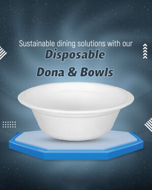 White disposable dona and bowl on a blue platform with a dark blue background.