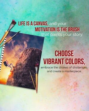 Inspirational quote about life and creativity with paintbrushes and a scenic landscape.