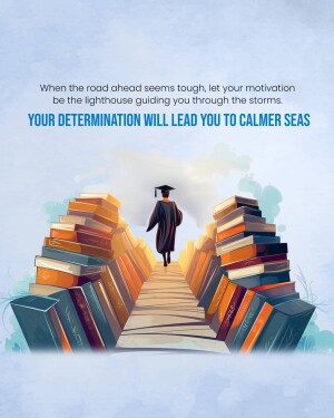 A graduate walking a path made of books towards a bright future.