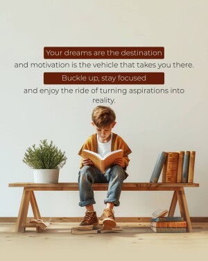 A young boy reading a book on a bench with motivational text overlayed.