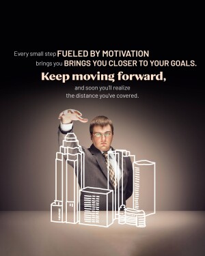 Man building a city with glowing blocks, motivational quote