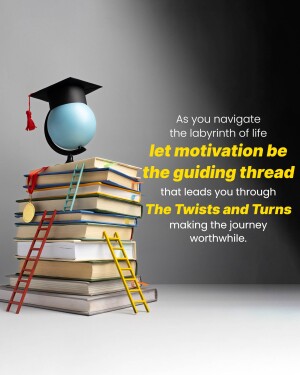 Stack of books with a graduation cap and globe on top, motivational quote.