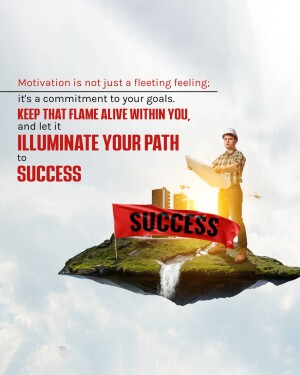 Motivational image of a man on a floating island with a success flag.