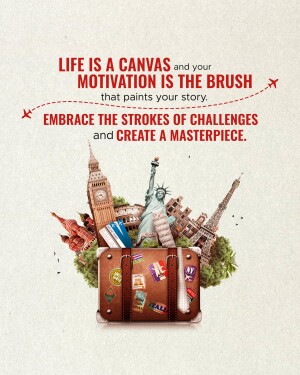 Motivational quote with travel landmarks and a suitcase