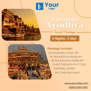 Travel package advertisement for Varanasi and Ayodhya with details on pricing and inclusions.