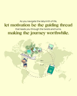 Motivational quote with travel imagery on a world map background.