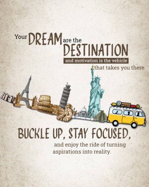 Motivational travel poster with landmarks and a vintage van.