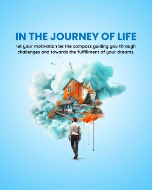 A man looking at a house emerging from clouds, representing life's journey and motivation.
