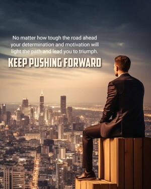 Man overlooking a city skyline with motivational text.