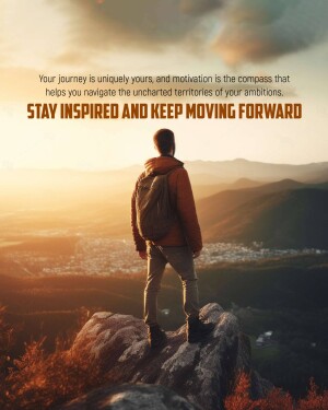 Man standing on a mountain peak looking at a city view with motivational quote.