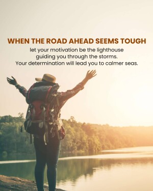 A person with a backpack standing on a cliff overlooking a lake with a motivational quote.