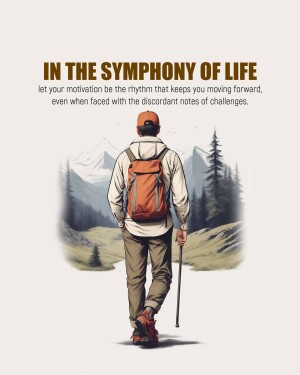 A lone hiker walking towards a mountain range with motivational text.