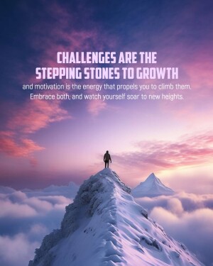 A lone figure stands on a mountain peak overlooking a sea of clouds with motivational text.