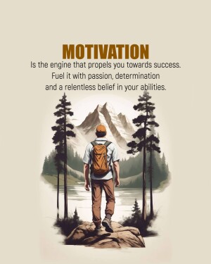 A man standing on a rock overlooking a mountain landscape with motivational text.