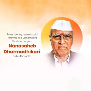 Portrait of Nanasaheb Dharmadhikari with a circular orange background
