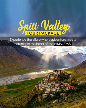 Spiti Valley Tour Package advertisement with a scenic mountain view.