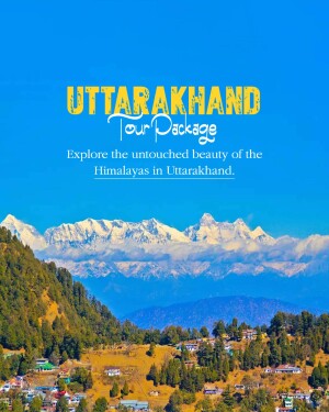 Scenic view of the Himalayas in Uttarakhand with text promoting a tour package.