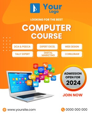 Advertisement for computer courses including DCA, PGDCA, Excel, Tally, Web Design, Digital Marketing and Coreldraw.