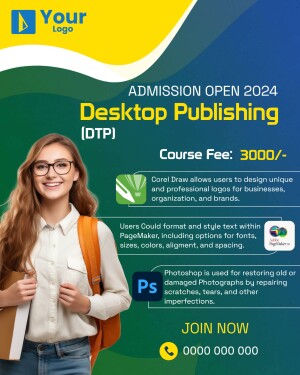 Admission open for Desktop Publishing course with a student image and course details.