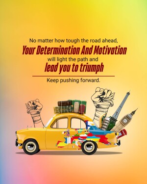 Motivational image with a yellow car and travel icons representing determination and overcoming challenges.