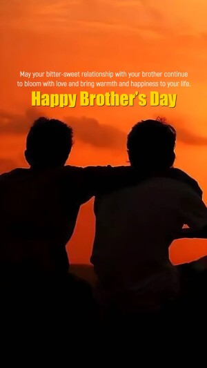 Two silhouetted figures, likely brothers, with arms around each other against a vibrant sunset, with text wishing a Happy Brother's Day.