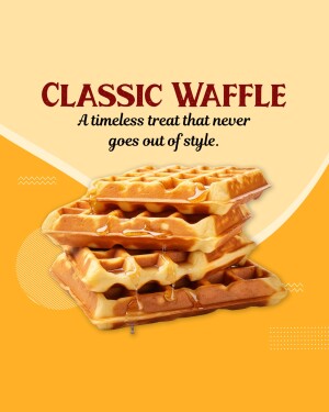 A stack of golden brown waffles drizzled with syrup against a warm yellow background.