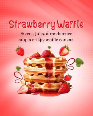 A stack of waffles topped with strawberries and strawberry syrup.