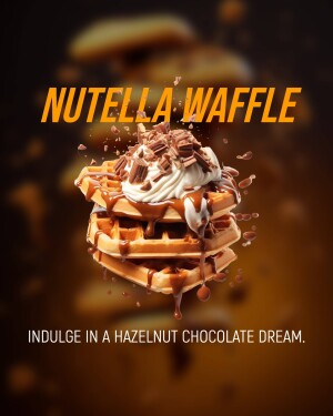 A stack of waffles drizzled with Nutella and topped with whipped cream and chocolate shavings.