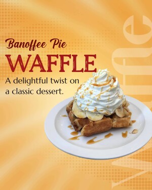Close-up of a Banoffee Waffle with whipped cream, banana slices, and caramel sauce.